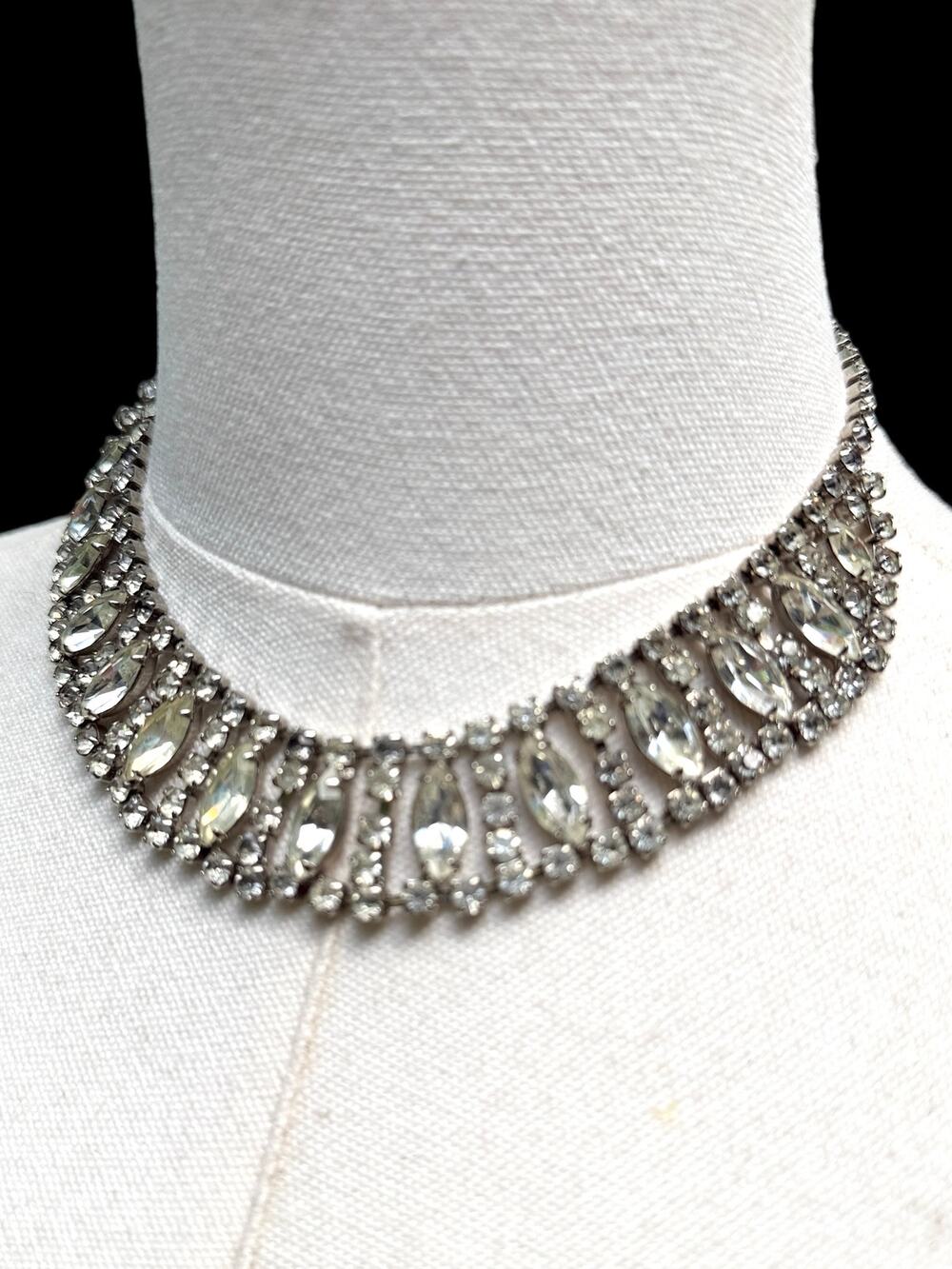 Vintage Weiss Rhinestone Bib Necklace Signed Mid Century 1950s Collar Choker Vtg
